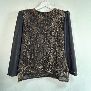 Vintage Boston Maid Womens Black Gold Lace Floral Blouse Top Size 16 Long Sleeve